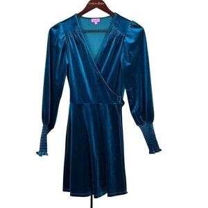 Mi Ami Francescas Womens Sz S Blue Velvet Puff Long Sleeve Mini Wrap Dress U1
